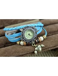 KANO BAK(TM) Retro Bronze Women Ladies Weave Wrap Love Heart Angel wing Leather Bracelet Bangle Quartz Gift Watch Sky Blue