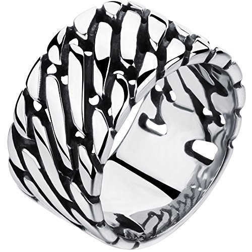 BOHG Jewelry Mens Wide 12mm Link Chain Stainless Steel Ring Vintage Biker Wedding Band Silver Black