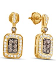 10K Yellow Gold Round Brilliant Cut Chocolate Brown and White Diamond - Emerald Shape Halo Channel Set Dangle Earrings with Secure Screw Back Closure - (1/2 cttw.)
