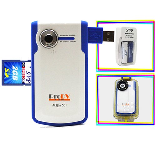 ProDV Cam Aqua-501-Blue Camcorder, FREE 2GB SVP High Speed SD Memory Card = 60 minutes video (AA Rechargeable set + waterproof case included)