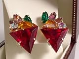 Image of Ladies vintage clip on earrings red triangle design 12064