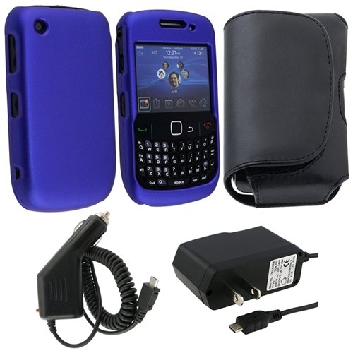 Dark Blue Snap-on Rubberized Hard Case + Car DC Charger + Travel Home Charger + Leather belt loop Case for Blackberry Curve 8520 / 8530 Aries / 9300 3G / 9330 3G