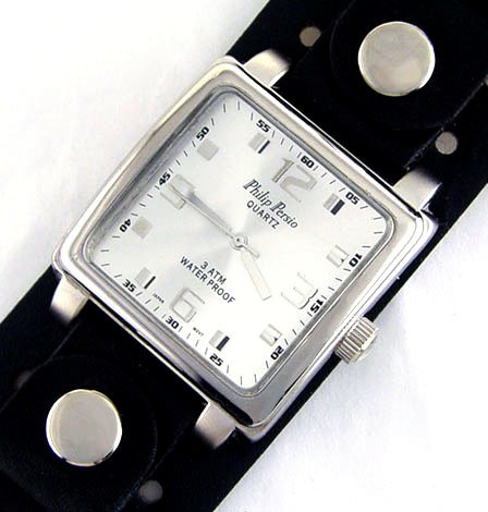 NEW PHILIP PERSIO LEATHER WIDE CUFF MEN'S SQUARE WATCH