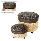 Set of 2 Ottoman & Footstool with Storage Inside Brown & Tan Swirl Design Wood & Material