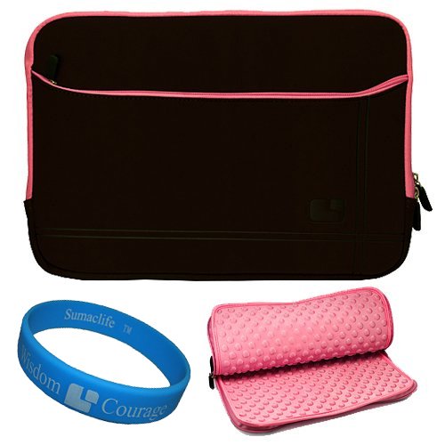 Brown with Pink Trim Micro Suede Nubuck Sleeve Case with Accessory Pocket for 13 inch Apple MacBook Pro MC700LL/A MC724LL/A MC516LL/A Laptop Computers + SumacLife TM Wisdom Courage Wristband