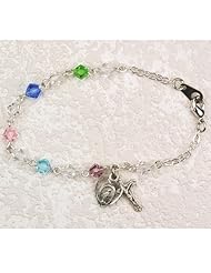 First Holy Communion Childrens Girls Rosary Bracelet 6 1/2" 5mm Bead Genuine Multi Color Tin Cut Crystal with Sterling Silver Cross & Miraculous Medals. Perfect for Christmas, Church, First Communion, Easter, Graduation, Sunday Dress, Easter or Birthday.