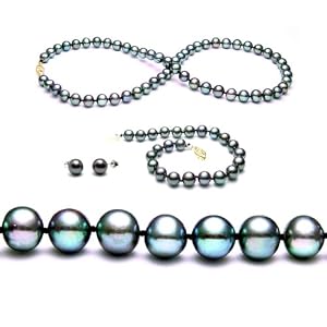 Freshwater Cultured Pearls 3-Pc Set 18 Inches 1-Strand 7-8mm Black Pearl... by