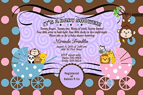 Twin Jungle Girl Boy Monkey Animal Baby Shower Invitations