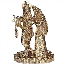 Lord Krishna and Radha Brass Sculpture Standing on Lotus
