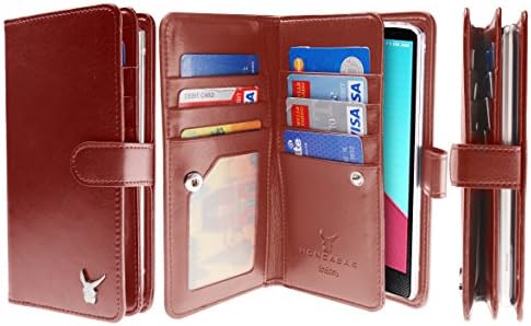 Luxury [Dual Wallet] [Wristlet] Cow Leather [7 Card Slot] [Standing] Book Wallet Flip Case Cover for LG G4 (Brown)