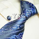 NEW Y&G Designer Hand Made Blue Paisleys Stripes 100% Jacquard Woven Pure Silk Mens Neck Tie...
