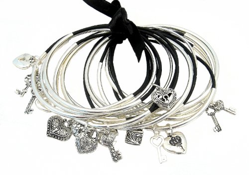 Bracelet - B152 - 16 pc Set - Mixed Bangle and Charm Bangles ~ Hearts, Locks and Keys
