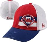 Philadelphia Phillies Stretch Fit Hat: New Era 39THIRTY Double Stripe Trucker Mesh Hat