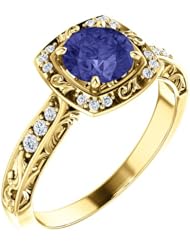 10K Yellow Gold 6.00mm Round Cut Tanzanite and Diamond Ring -- LIFETIME WARRANTY