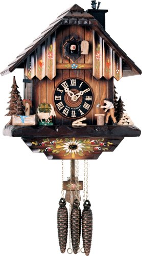 River City Clocks One Day Musical Cuckoo Clock with Woodchopper Chopping Wood and Animated Chimney Sweeper – 11 Inches Tall – Model # M404-11P