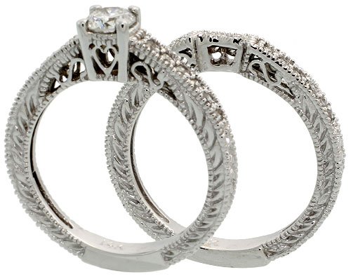 14k White Gold 2-Piece Wedding Ring Set, w/ 0.40 Carat (Center) & 0.33 Carat (Sides) Brilliant Cut Diamonds