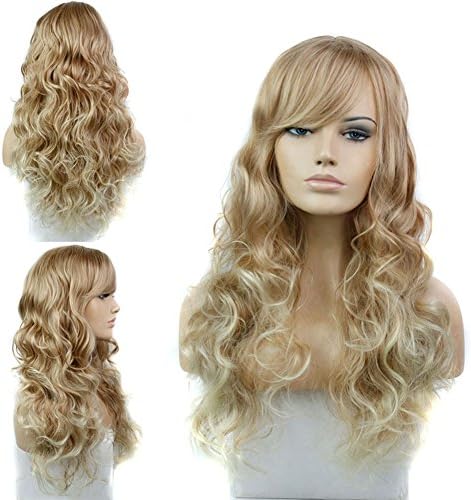 Sexy Stylish Long Natural Wave Synthetic Hair Cosplay Wig Women Full Party Wigs with Bangs Blonde