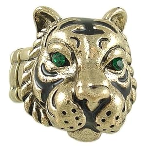 Gold Tone and Enamel Tiger with Emerald Green Eyes Ring Stretch Band fits sizes 6-12