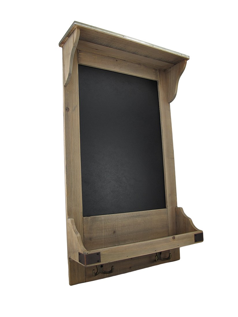 Vintage Style Wooden Wall Shelf w/Hooks and Chalkboard