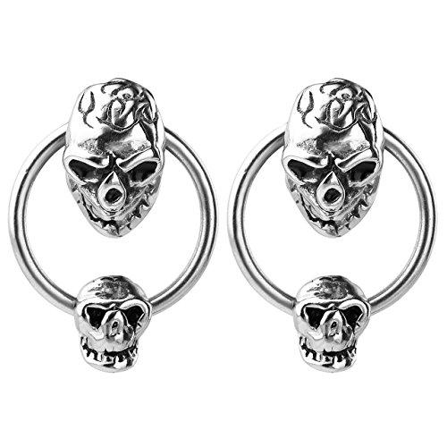 PiercingJ Men's Stainless Steel Dangle Skull Punk Gothic Barbell Stud Earrings