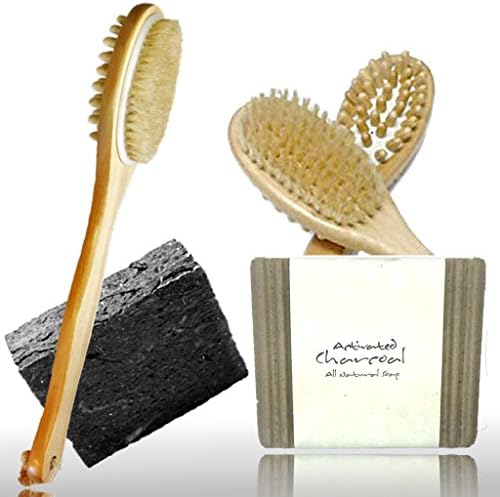 Natural Boar Bristle Dry Skin and Cellulite Brush Set with All Natural Activated Charcoal Soap. Free Bonus E-book with Mini-spa Detox E-mailed to You. Learn Body Brushing Secrets to Improve Health & Well-being.
