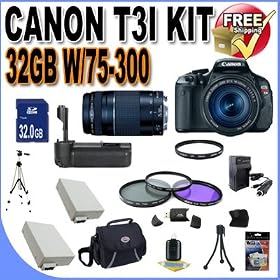 Canon EOS Rebel T3i 18 MP CMOS Digital SLR Camera and DIGIC 4 Imaging with EF-S 18-55mm f/3.5-5.6 IS Lens & Canon 75-300 Lens (2 Lens Kit!!!!) + 32GB Memory+ Battery Grip + 2 Extra Batteries + Charger + 3 Piece Filter Kit + UV Filter + Full Size Tripod + Case +Accessory Kit!!