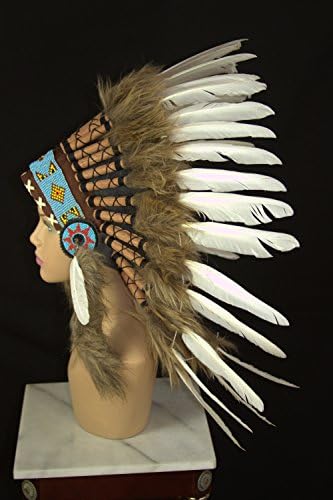 American Indian Inspired Headdress Warbonnet with Real Feathers (16 Styles to Choose) (White (SH012))