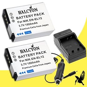 Halcyon Battery 1500 mAh and Charger Kit for Nikon EN-EL12 and Nikon Coolpix AW100, AW100s, P300, S70, S630, S640, S1000pj, S1100pj, S1200pj, S6000, S6100, S6150, S6200, S8000, S8100, S8200, S9100