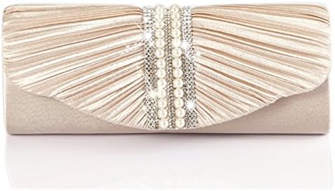 Emour Women Satin Pleated pearl Clutch Wedding Bag Bridal Prom Evening HandBag (champagne)