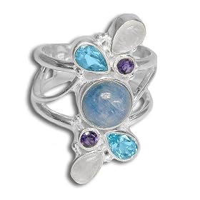 Sterling Silver Kyanite, Rainbow Moonstone, Iolite and Swiss Blue Topaz Ring by Sajen Sterling Silver