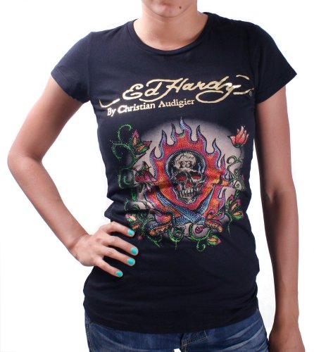 Ed Hardy Christian Audigier Women's T-Shirt Tee Platinum Skull
