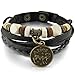 INBLUE Men,Women's Alloy Genuine Leather Bracelet Bangle Cuff Black Gold Tone Horoscope Zodiac Bead Adjustable