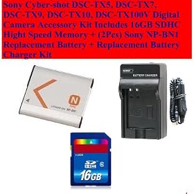 Sony Cyber-shot Dsc-tx5, Dsc-tx7, Dsc-tx9, Dsc-tx10, Dsc-tx100v Digital Camera Accessory Kit Includes 16gb Sdhc Hight Speed Memory + (2pcs) Sony Np-bn1 Equivalent Replacement Battery + Replacement Battery Charger Kit