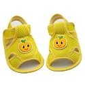 Very cute Small Squirrel Infant girls yellow sandal shoes. Very comfortable shoes with a smiling cartoon character on the front. T-strap, velcro closure for secure fit.