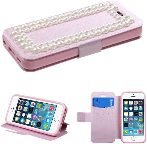 For APPLE iPhone 5S/5 Pink Silk Texture White Pearl ID/Card Wallet Phone Pouch