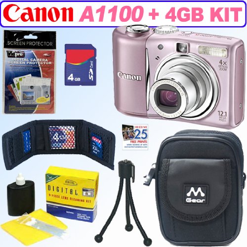 Canon PowerShot A1100IS 12.1 MP Digital Camera (Pink) + 4GB Accessory Kit