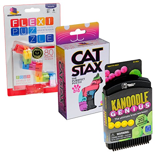 IQ Brain Teaser Puzzle Bundle No 63 _ Cat Stax; Kanoodle Genius, Flexi Bendi _ 3 Unique Puzzles _ Bundle