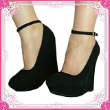 Womens Qupid Black Suede Pointy Toe Ankle Strap Wedges (Pulse02)