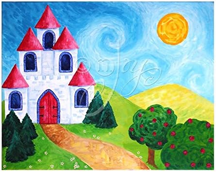PINK CASTLE, 20x16x3/4 inch original acrylic painting on gallery wrapped canvas by nJoy Art. Wall art for princess themed girls room, one of a kind - ready to hang!