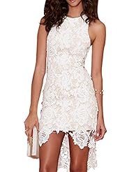 Round Neck High-Low-Hem Sleeveless Cutout Lace Polyester Midi Dress 