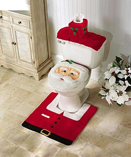 Diotem 3 Pcs Christmas Decorations Happy Santa Claus Toilet Tank Lid Cover + Floor Mats Plus + Towel Sets Toilet Sets