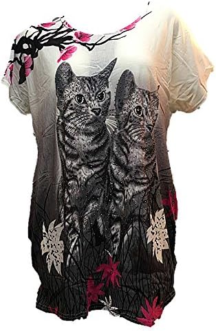 Women's Blouse With Cat and Cherry Blossom (XL/XXL, Gray)
