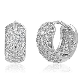 Sterling Silver Earrings 925 3-Row Clear Round Cubic Zirconia CZ Huggie Earrings 0.5" - For Valentines Day Gift