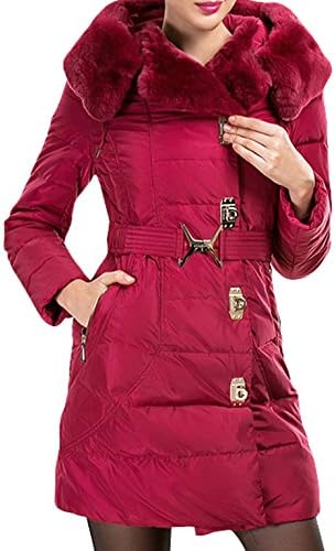 OXN Women's Fur Collar Hoodie Long Down Outwear Coats S Rabbit Hair Wine Red