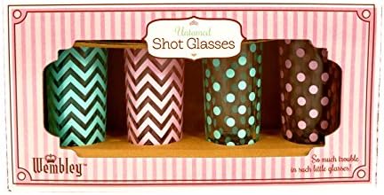 Pink and Teal Blue Shot Glass Set of 4, 2 oz Glasses Chevron and Dot