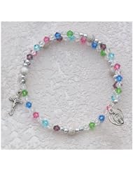 First Holy Communion Childrens Girls Rosary Bracelet 6 1/2" Full Wrap with Rhodium Miraculous Medal.
