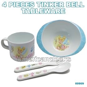 Click here to buy Blue Disney Tinker Bell 4 Piece Tableware Set Bowl Cup Fork Spoon by Children Character Accessories.