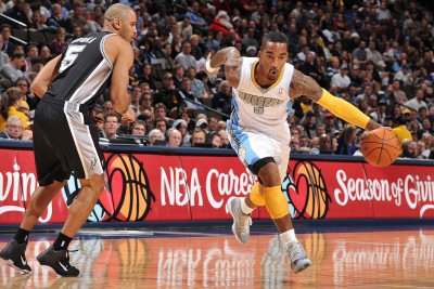 San Antonio Spurs v Denver Nuggets: J.R. Smith and Ime Udoka Photographic Poster Print by Garrett Ellwood, 12x18