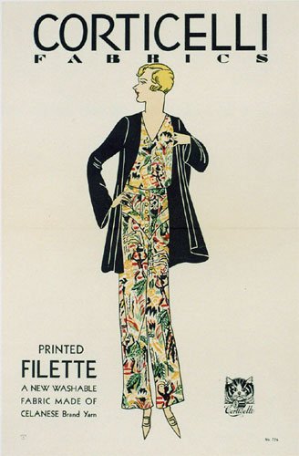 1920's Corticelli Silk Fabric Vintage Deco Fashion Antique Advertising Poster