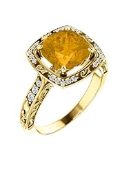 18K Yellow Gold 8.00x8.00mm Antique Cushion Cut Citrine and Diamond Ring -- LIFETIME WARRANTY